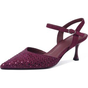 Women's Burgundy-Rhinestone Slingback Pointed Toe Stiletto Buckle Strap Low Heel